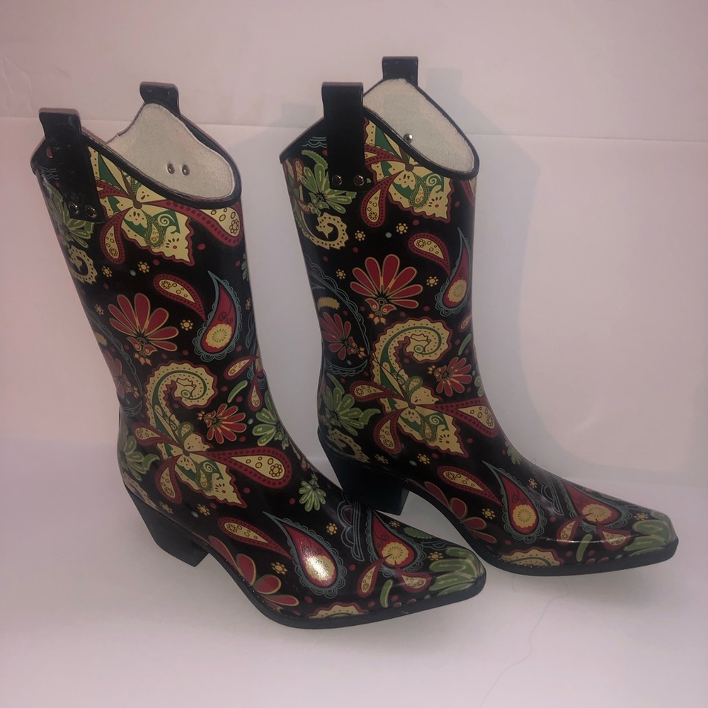 Cowboy boot style rain boots.
